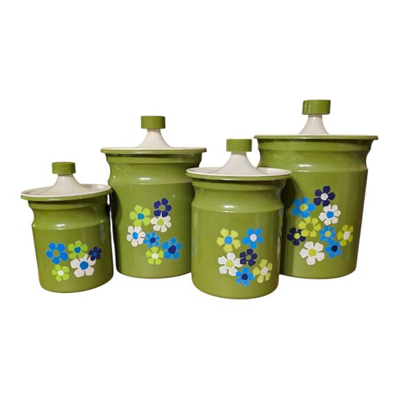 Vtg Kromex Floral Metal Canister Set w/ Lids Retro Storage 4 Pc Nesting USA - Picture 1 of 13